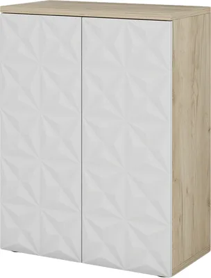A front view of a cabinet with two doors and a wood-grain side panel.