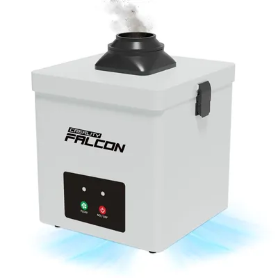 A white air purifier with a black vent on top, emitting smoke. It has a control panel with two buttons.