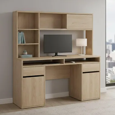 Produktbild von Schreibtisch Ambrenti, Mehrzweckschreibtisch, Bürotisch für PC, Eckschreibtisch, 149x48 h156 cm, Eiche