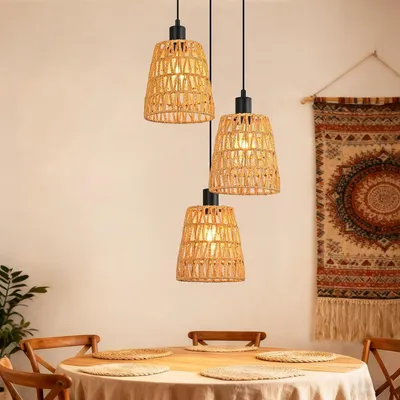 Image de ZMH Lampe à Suspendre Boho Lampe à Suspendre en Rotin 3 Flammes Lampe de Table à Manger Rétro Tressée Lampe à Suspendre Abat-jour Corde de Chanvre E27 Lampe à Suspendre pour Chambre à Coucher