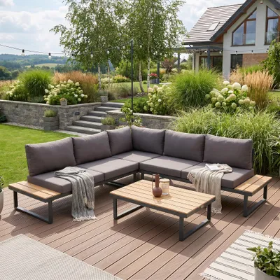 Produktbild von BEAUTYSOFA | MADISON Gartenlounge Ecksofa Dunkelgrau – Gartenmöbel Set, Ecklounge, Outdoor Sofa, Loungegruppe mit Couchtisch, 5 Sitzplätze