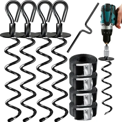 Produktbild von KESSER® 4 Bodenanker Erdanker 9-teiliges Set Befestigung für Trampolin, Schaukel, Pavillon, Partyzelt, Gartenhaus, Schaukel, Zelt, aus 1cm Ø Edelstahl Zum Eindrehen, + 4 Gurte + Drehhilfe