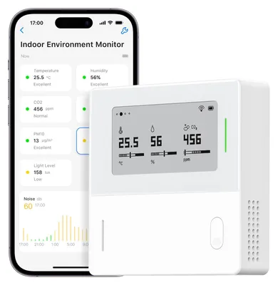 7-in-1 Innenraummonitor CO2, PM2.5, PM10, Temperatur, Feuchte, Geräusch, Licht