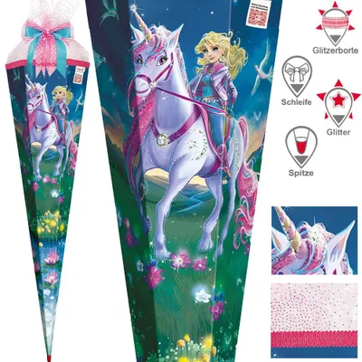 Produktbild von Roth Schultüte 85 cm Mädchen Exklusiv Set, Motiv / Ausführung:Magische Einhornreiterin Glitter Schleife Spitze