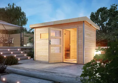 Produktbild von Karibu Holz Gartensauna / Saunahaus "Skrollan 1" naturbelassen 336 x 196 x 228 cm (B x T x H) ohne Ofen mit Klarglastür