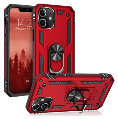 A red protective phone case with a ring holder is shown, with a phone inside it.