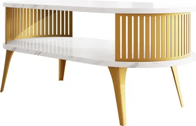Produktbild von MIRJAN24 Couchtisch Roenni Oval Gold, Wohnzimmer Kaffeetisch, Beine und Seiten aus Stahl (Farbe: Gold / Bianco Marmor)