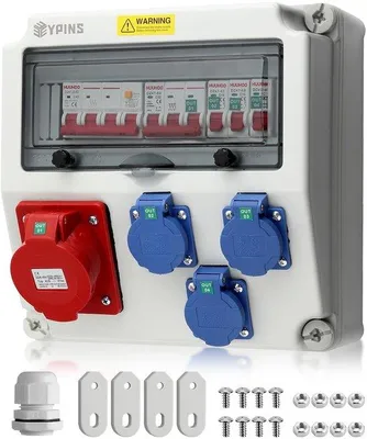 Zdjęcie produktu dla Rozdzielnica elektryczna EYPINS z wyłącznikiem różnicowoprądowym, montowana na ścianie, z 3 gniazdami Schuko 230 V oraz 1 gniazdem CEE 16A/32A