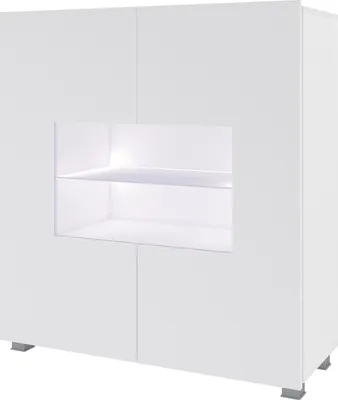 Produktbild von Kommode CALABRINI C-02 mit LED-Beleuchtung Vitrine 2 Türen Sideboard 100 cm Vitrinenschrank Anrichte Highboard Modern (Weiß / Weiß Hochglanz)