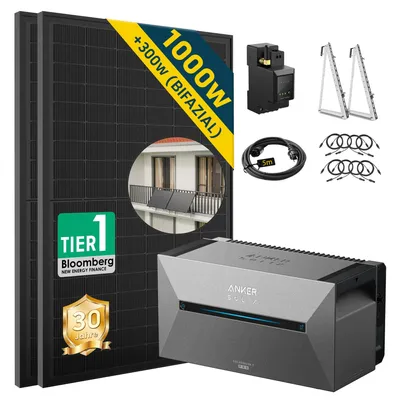 Produktbild von Balkonkraftwerk mit Speicher Anker Solix Solarbank 2 E1600 PRO, 1000W + Balkon Halterung