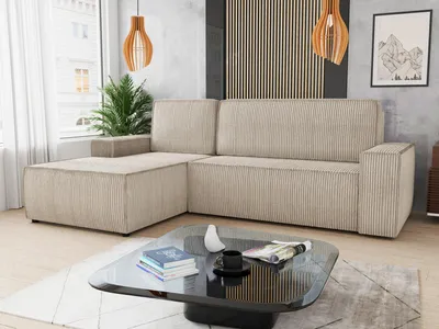 Produktbild von Ecksofa Totti L mit Schlaffunktion und Bettkasten - Cord Stoff - L-Form Couch, Polstersofa, Schlafsofa, Sofagarnitur (Beige (Poso 100) Seite: Links)