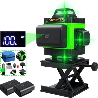 A 3D laser level with green laser lines is shown on a black adjustable stand. In the inset, a digital display shows '100%' and 'OUT', and a collection of accessories including a carrying case, batteries, and chargers are displayed.