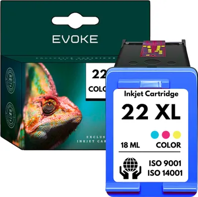 A product shot of an inkjet cartridge and its packaging.