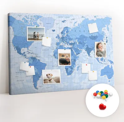 Obrázek produktu pro Korková nástěnka s kolíčky - Tabule s kolíky pro fotografie a poznámky - 120x80 cm - Připínáčky barevné 100 kusů - Politická mapa světa