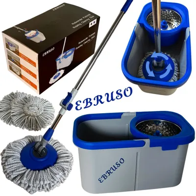Produktbild von EBRUSO Putzeimer Set – Putzset mit höhenverstellbarem, rotierendem Edelstahl-Stiel (bis 149 cm), 30L Putzeimer & 2 Putzlappen (Ø 30 cm Mop) – Blau