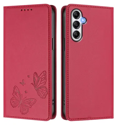 Image de Étui en cuir pour Samsung Galaxy A54 5G, motif papillon en relief, étui à rabat avec porte-appareil, rouge