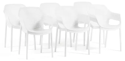 Immagine prodotto di Set di 6 sedie da esterno impilabili con braccioli in plastica rinforzata con fibra di vetro e schienale traforato, ideali per giardino, terrazza, bar e ristorante - Sofia/Bianco