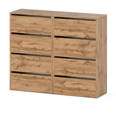 A modular shoe cabinet with four flip-down doors, made of wood-effect material.