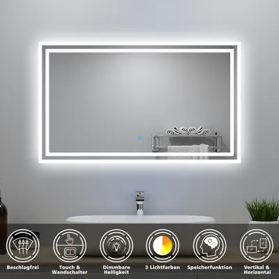 Produktbild von Badspiegel mit Beleuchtung 80x60cm 3 Lichtfarbe 3000K-6000K Dimmbar Wandspiegel mit Touch/Wandschalter Beschlagfrei IP44 Pichon-Serie