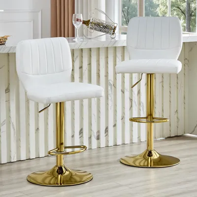Produktbild von STILVORA Barhocker höhenverstellbar mit 360° Drehfunktion und Rückenlehne, Tresenhocker mit Fußstütze, Küchenhocker aus Kunstleder Weiß-Gold
