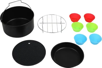 A collection of air fryer accessories, including a basket, rack, baking pan, and silicone muffin cups, arranged on a white background.