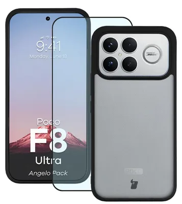 Produktbild von Schutzhülle + gehärtetem Glas Bizon Angelo Pack für Xiaomi POCO F8 Ultra, Getönte mit schwarzem Rahmen
