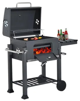 Produktbild von Holzkohlegrill - Grillwagen - Grillfläche 56 x 41,5 cm - Mit Deckel - Integriertem Thermometer - Edelstahlgriff - Grillrost - Schwarz
