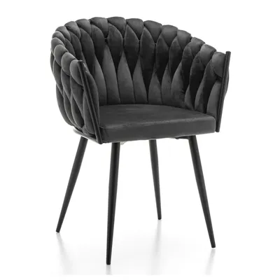 A grey velvet accent chair with black metal legs, shown from the front-left.