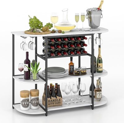 GOPLUS 3-stöckig Weinregal für 18 Flaschen & 8 Weingläser, Weinschranktisch 120x40x91cm, Flaschenregal Barschrank für Küche & Esszimmer