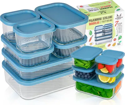 Zdjęcie produktu dla SuperButelki - 7x Pojemniki szklane MODULAR do przechowywania żywności z plastikowymi pokrywkami, komplet pojemników do lodówki