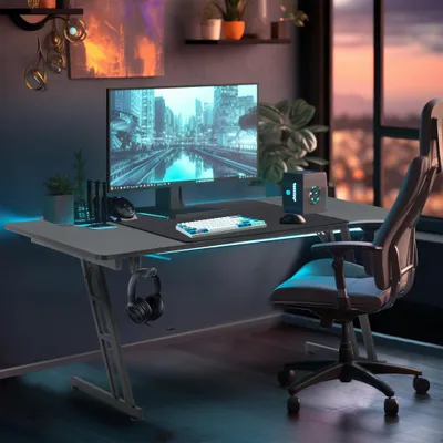 Produktbild von YZNAHRE Schreibtisch Gaming Tisch 120x60cm Höhenverstellbar Gamingtisch mit Kabelloch & Kopfhörerständer & Tassenhalter, Kohlefaserplatte Ergonomischer PC Computertisch