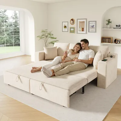 Produktbild von Merax 3-in-1 Schlafsofa, Multifunktionales Sofa mit Schlaffunktion, USB-Ladeanschlüsse, Stauraum, Bettsofa für Wohnzimmer & Schlafzimmer, Beige