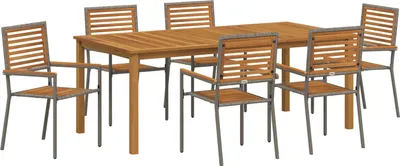 Produktbild von Möbel 7-teilige Garten Essset Grau Poly Rattan Akazie, Stapelgartenstühle mit Kissen 2 Stk Grau Poly Rattan - Gartenstühle 3365524