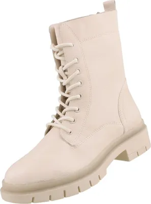 A single cream-colored lace-up boot shown from a three-quarter angle against a white background.
