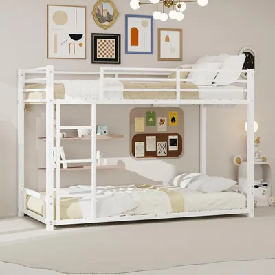 Produktbild von Etagenbett 90x190 cm aus Metall, niedriges Doppelstockbett mit Schutzgeländer, 3-stufiger Leiter und Metalllatten, 197x98x136 cm