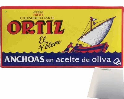 Produktbild von Conservas Ortiz Anchoas en aceite de oliva, Sardinenfilet in Olivenöl (47,5g Dose) + usy Block