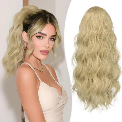 Produktbild von Haarteil Pferdeschwanz 40cm Clip in Lockig Gewellt Warmes Blond mit Highlights Synthetik Haarverlängerung Damen