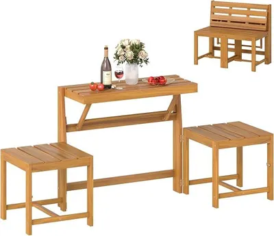 Imagen del producto de Banco de jardín con mesa, 3 en 1: banco, mesa y banco de parque. Juego de muebles de jardín de madera con mesa convertible y banco para exteriores, ideal para 2 personas. Banco plegable para balcón, resistente hasta 360 kg. Diseño natural