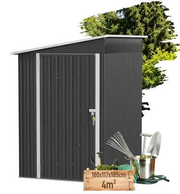 Imagen del producto de Caseta de jardín de metal - Caseta para herramientas - 180 x 117 x 185 cm - Puerta con cerradura - Ventilación - Techo a dos aguas - Impermeable - Color negro