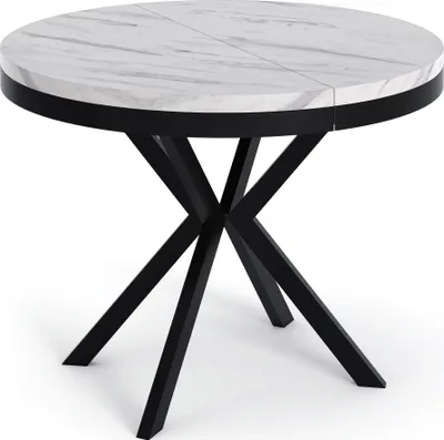 Produktbild von Runder Ausziehbarer Esstisch in Weißer Marmoroptik - Loft Style Tisch mit Metallbeinen - 90 bis 170 cm - Industrieller Tisch für Wohnzimmer - Kompakt - 90 cm - Marmor Weiß