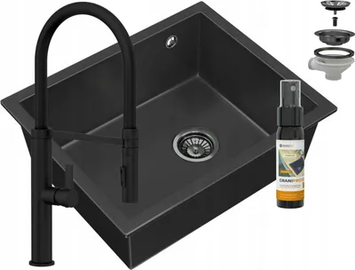Produktbild von Granitan | Granitspüle Salix mit Wasserhahn - Schwarz - Einbau mit 1 Kammer - Hochwertig und langlebig - Minimalistisches Design
