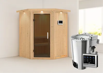 Produktbild von Karibu Sauna Innensauna Nanja Eckeinstieg Ofen 3,6 kW -Ofen externe Strg. easy 165x165x202 cm mit Dachkranz  mit Graphittür