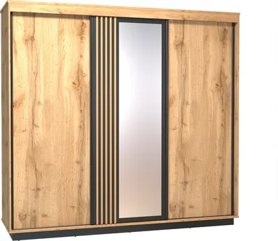 Image de Minio, armoire à portes coulissantes 240 cm, "Lamia", avec miroir, avec lamelles MDF, couleur chêne Wotan/noir mat