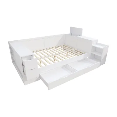 Produktbild von Flieks Jugendbett 140x200cm mit Schubladen, Schlafsofa Holzbett mit Arm- und Rückenlehne, Tagesbett mit ausziehbarem Nachttisch, Kinderbett Weiß