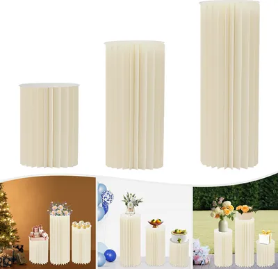 A collage of images showing cream-colored cylindrical display stands in various settings, including a product shot and lifestyle shots with decorations.