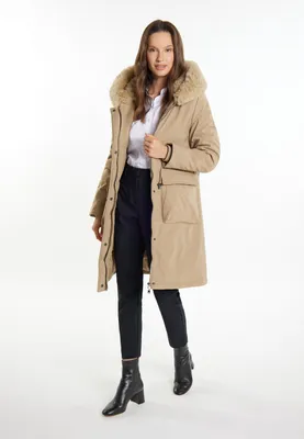 Produktbild von Damen Parka Beige L wattiert mit Kunstfellkragen und Zugband in der Taille