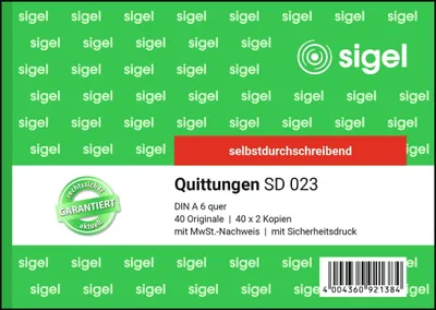Produktbild von SIGEL SD023 Quittungen, 1. und 2. Blatt bedruckt, mit Sicherheitsdruck, A6 q, selbstdurchschreibend, 3 x 40 Blatt