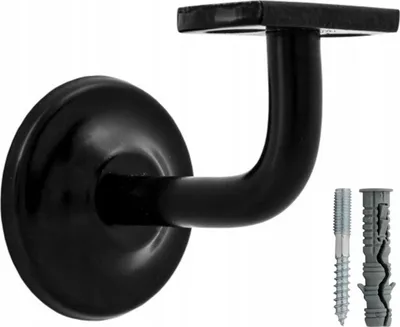 A black metal handrail bracket with mounting hardware.