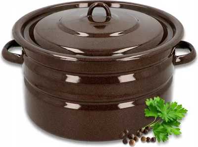A brown enamel pot with a lid sits on a white background, with a sprig of parsley and peppercorns in the foreground.