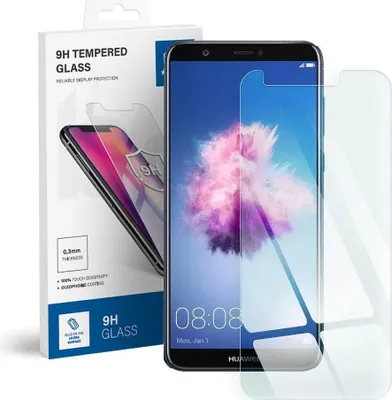 A screen protector for a smartphone is shown next to its packaging.